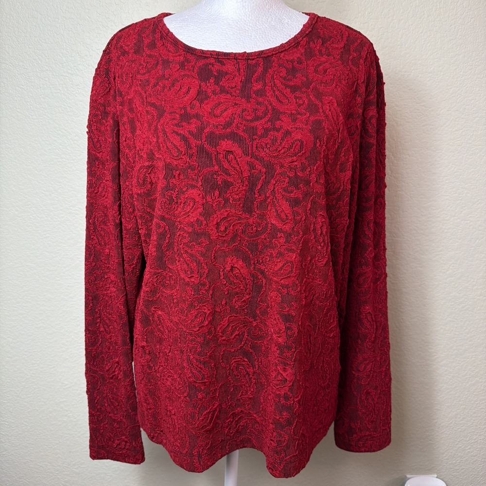 Chicos Top Size 2 Women Large L Red Black Paisley Long Sleeve Blouse Textured
